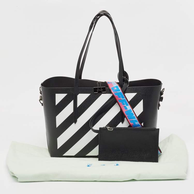 Pre Owned Off-White Black/White Diagonal Print Leather Binder Tote