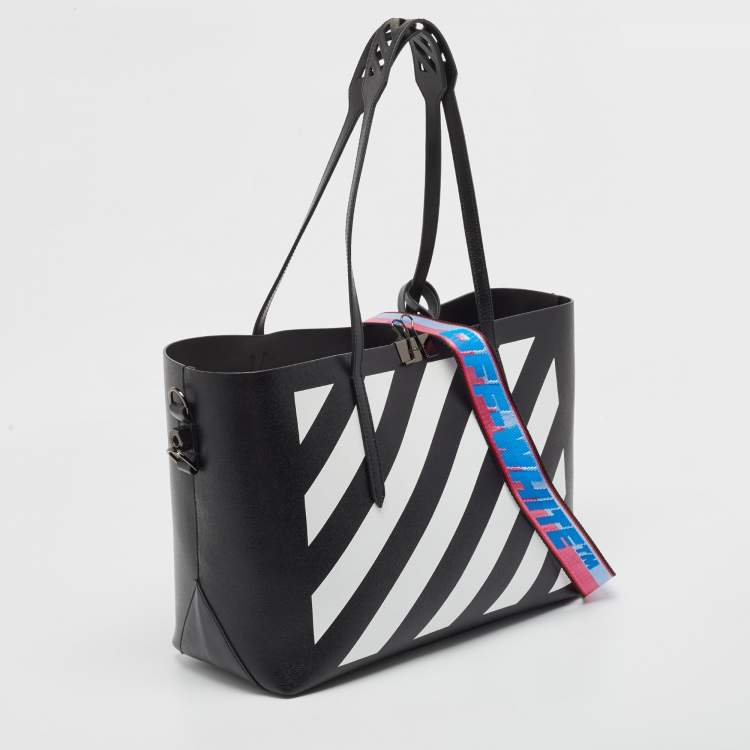 Pre Owned Off-White Black/White Diagonal Print Leather Binder Tote