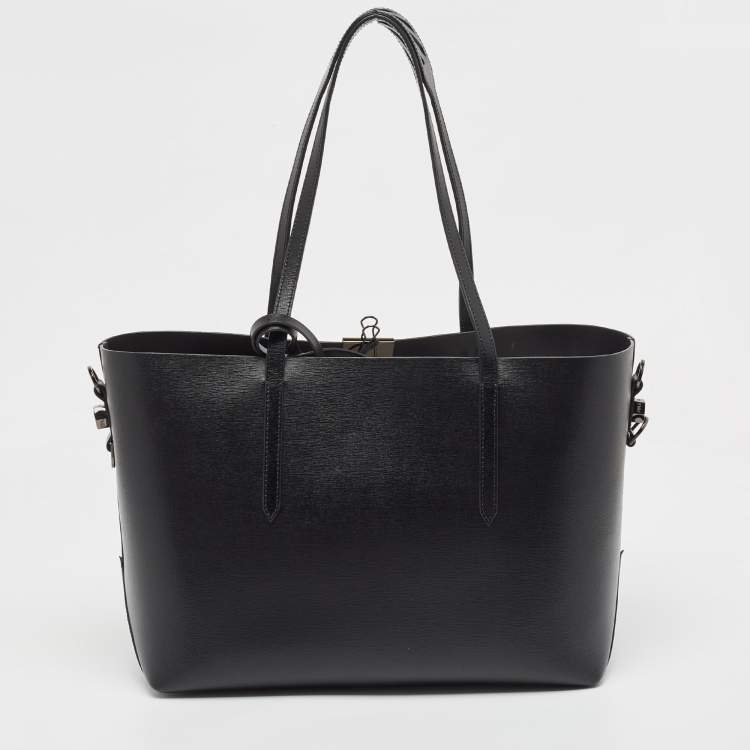 Pre Owned Off-White Black/White Diagonal Print Leather Binder Tote