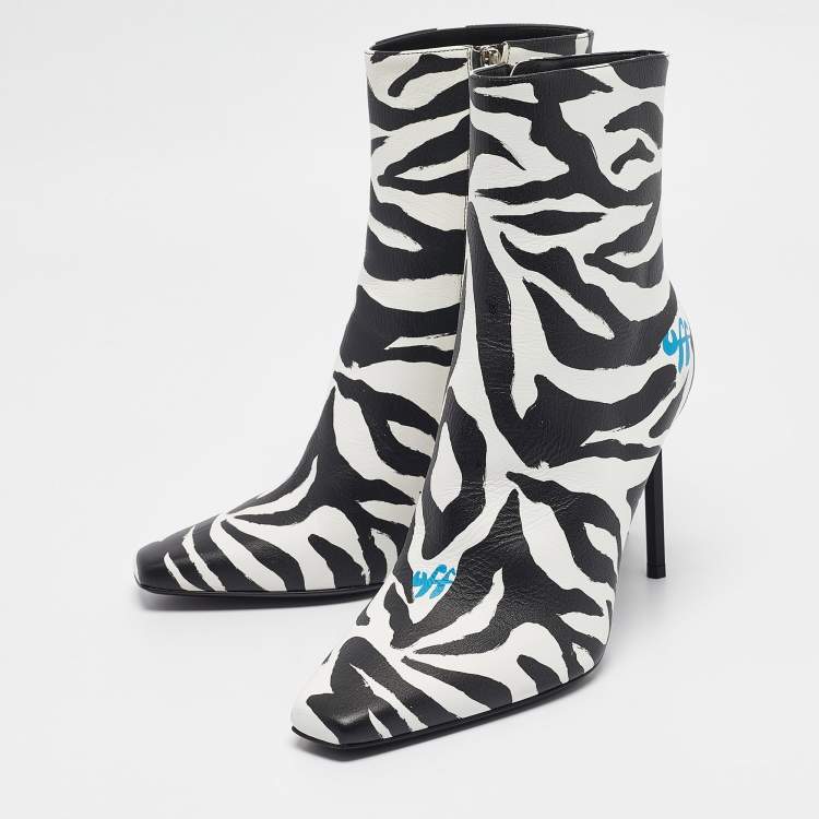 Pre Owned Off-White Black/White Zebra Print Leather Allen Booties Size 38