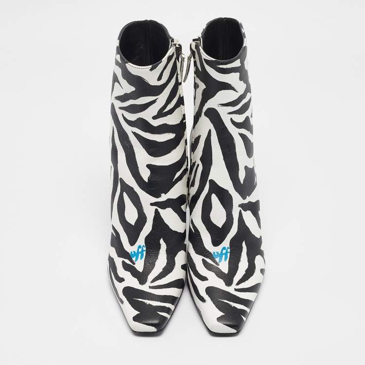 Pre Owned Off-White Black/White Zebra Print Leather Allen Booties Size 38