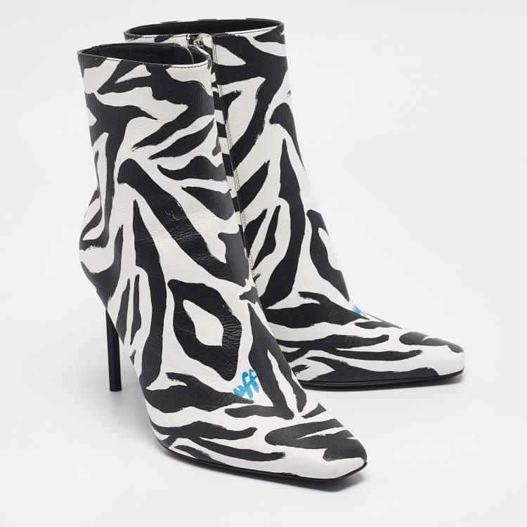 Pre Owned Off-White Black/White Zebra Print Leather Allen Booties Size 38
