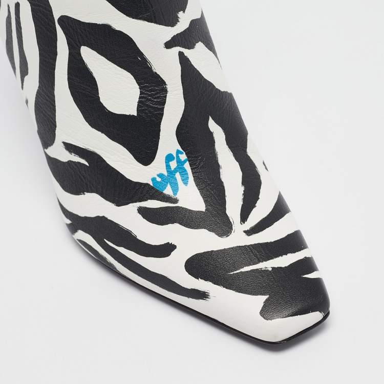 Pre Owned Off-White Black/White Zebra Print Leather Allen Booties Size 38