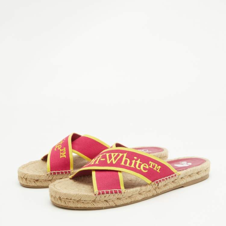 Pre Owned Off-White Pink/Yellow Canvas Crisscross Flat Slides Size 38