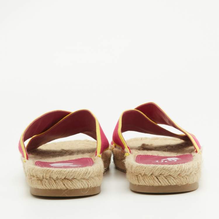 Pre Owned Off-White Pink/Yellow Canvas Crisscross Flat Slides Size 38