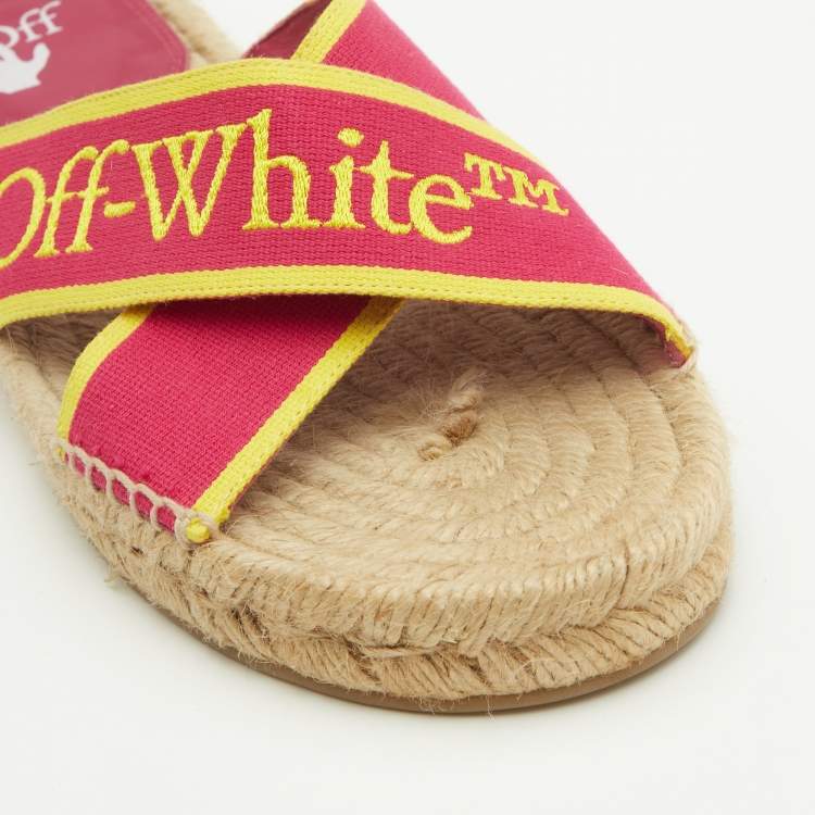 Pre Owned Off-White Pink/Yellow Canvas Crisscross Flat Slides Size 38