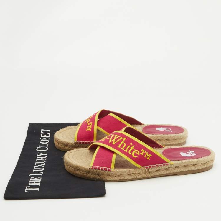 Pre Owned Off-White Pink/Yellow Canvas Crisscross Flat Slides Size 38