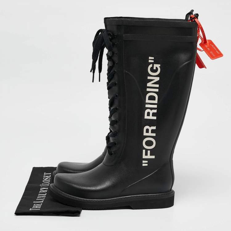 Pre Owned Off-White Black Rubber Quote-Motif Riding Boots Size 40