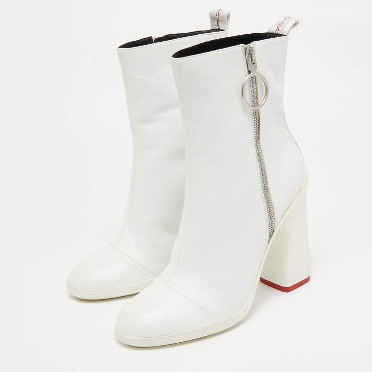Pre Owned Off-White White Leather Block Heel Ankle Length Boots Size 39