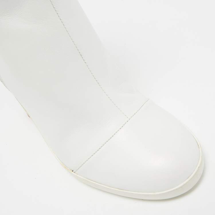 Pre Owned Off-White White Leather Block Heel Ankle Length Boots Size 39