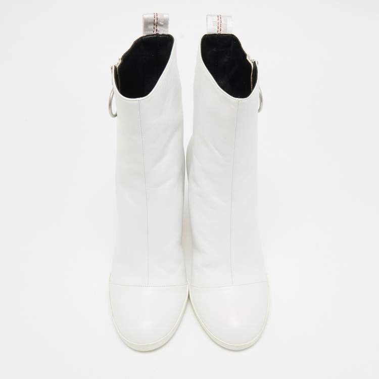 Pre Owned Off-White White Leather Block Heel Ankle Length Boots Size 39
