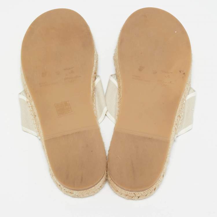 Pre Owned Off-White Beige Logo Embroidered Canvas Crisscross Flat Espadrille Slides Size 41