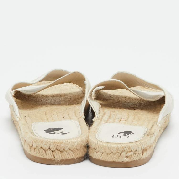 Pre Owned Off-White Beige Logo Embroidered Canvas Crisscross Flat Espadrille Slides Size 41