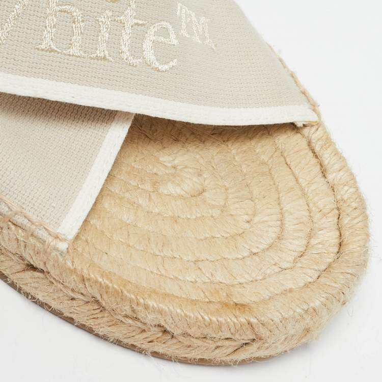 Pre Owned Off-White Beige Logo Embroidered Canvas Crisscross Flat Espadrille Slides Size 41