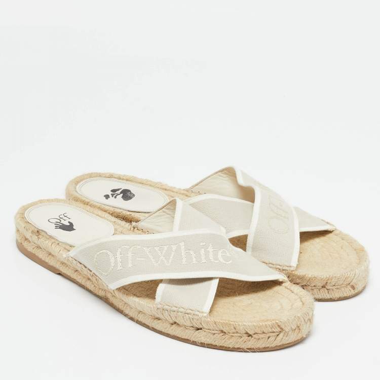 Pre Owned Off-White Beige Logo Embroidered Canvas Crisscross Flat Espadrille Slides Size 41