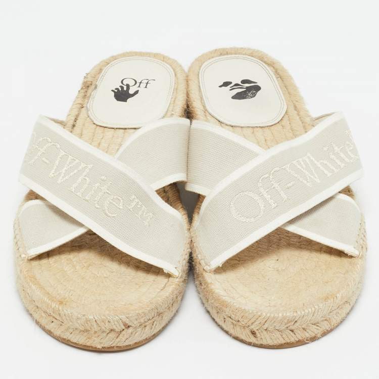 Pre Owned Off-White Beige Logo Embroidered Canvas Crisscross Flat Espadrille Slides Size 41