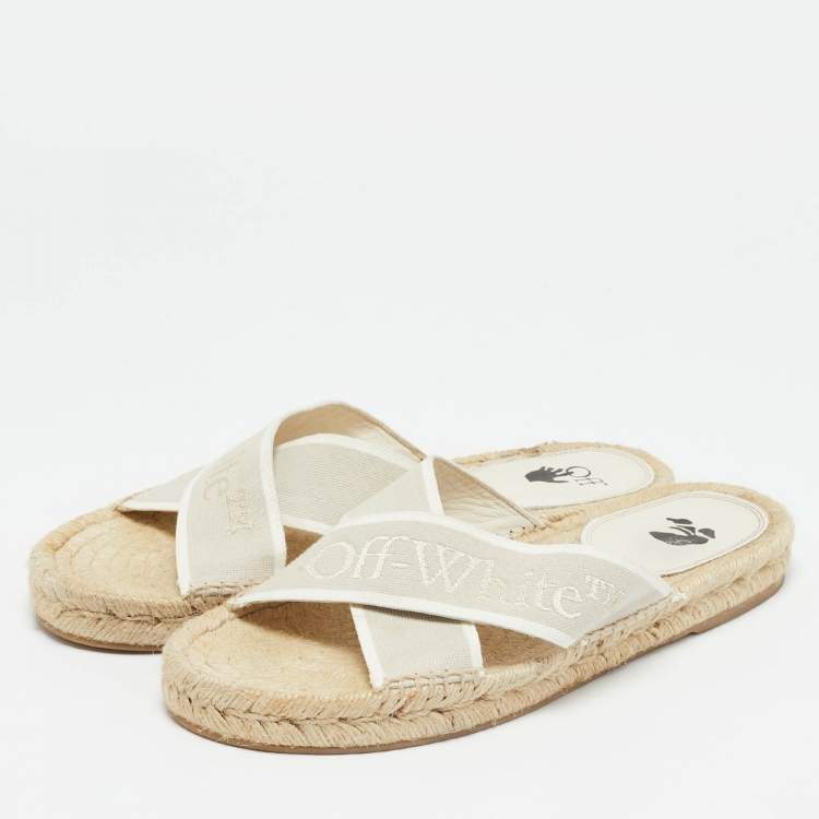 Pre Owned Off-White Beige Logo Embroidered Canvas Crisscross Flat Espadrille Slides Size 41