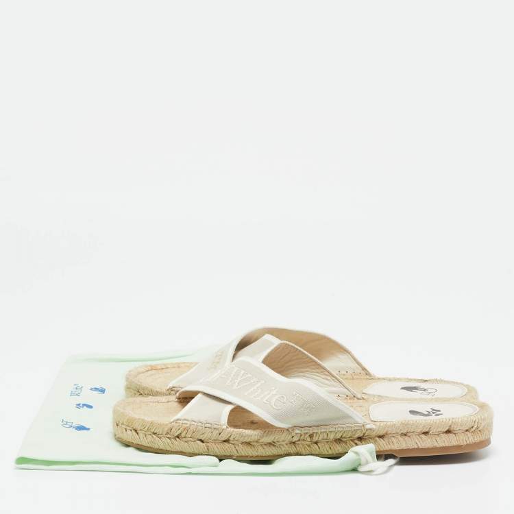Pre Owned Off-White Beige Logo Embroidered Canvas Crisscross Flat Espadrille Slides Size 41
