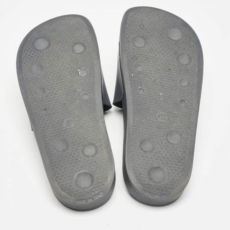 Pre Owned Off-White Blue Leather Logo Pool Slide Flats Size 40