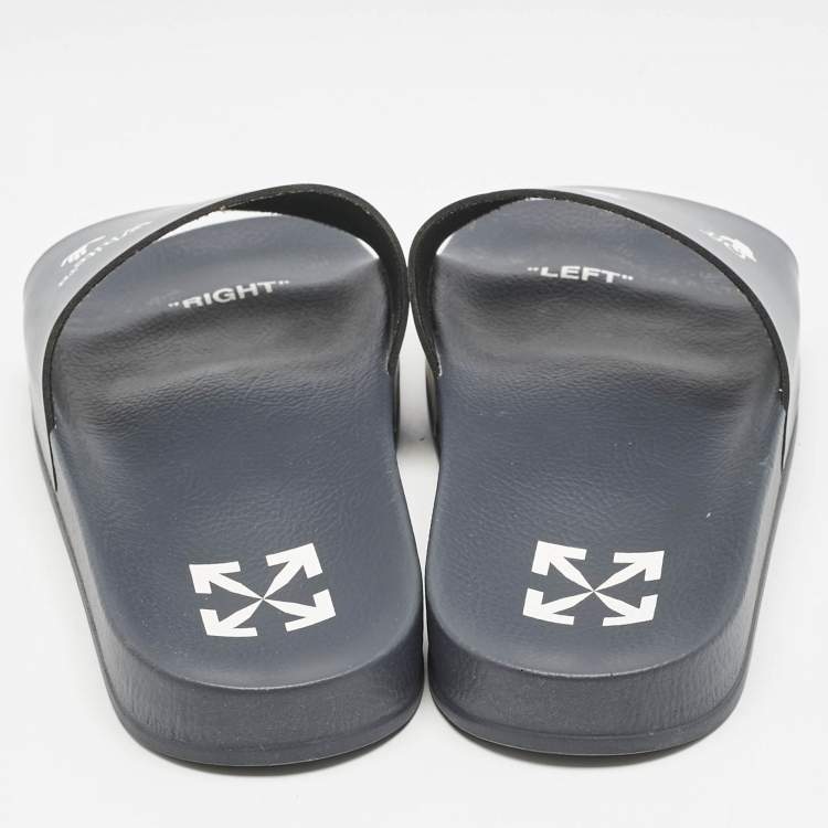 Pre Owned Off-White Blue Leather Logo Pool Slide Flats Size 40
