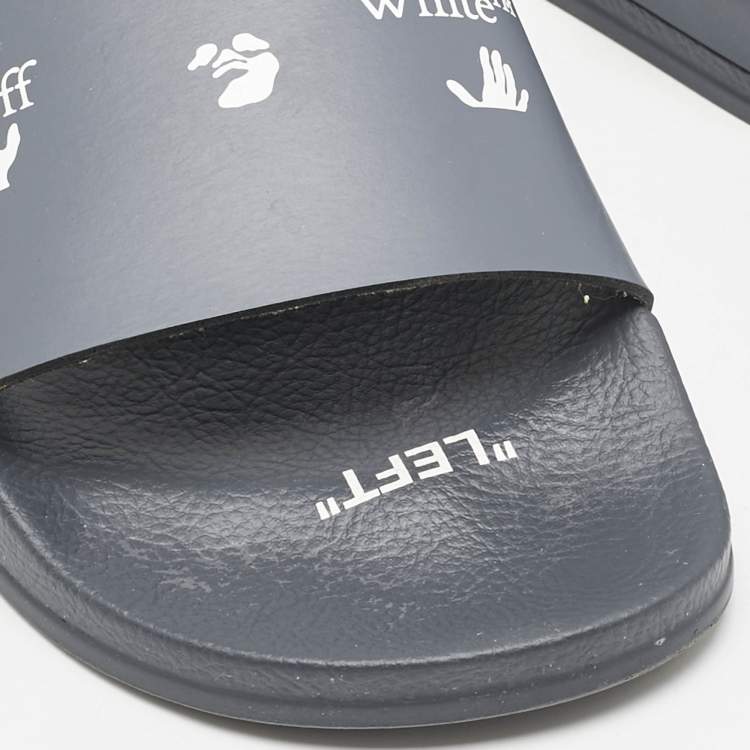 Pre Owned Off-White Blue Leather Logo Pool Slide Flats Size 40