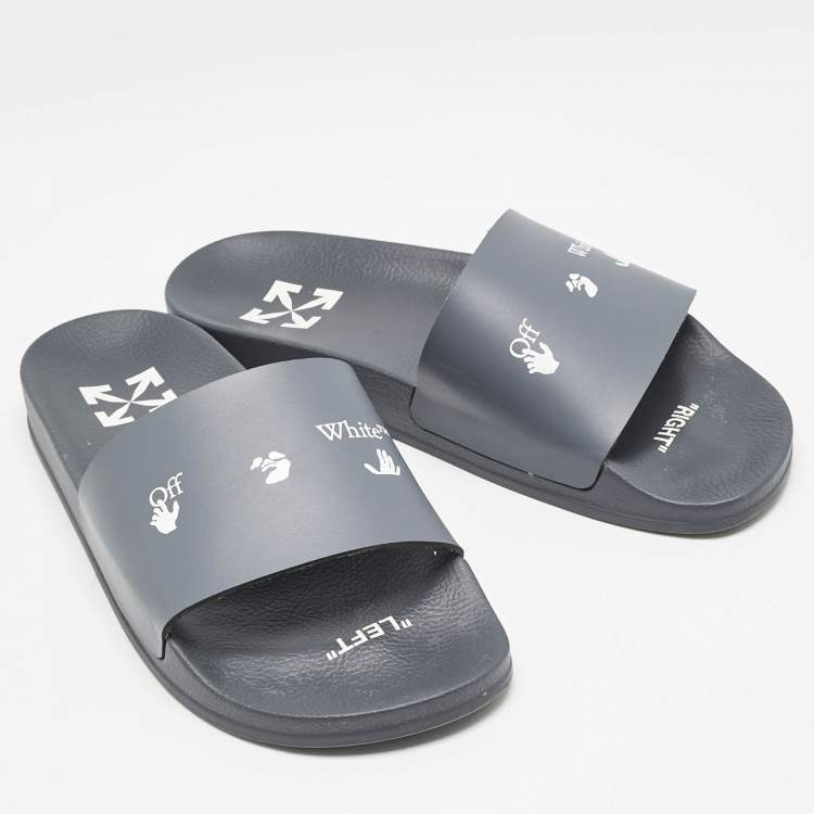 Pre Owned Off-White Blue Leather Logo Pool Slide Flats Size 40