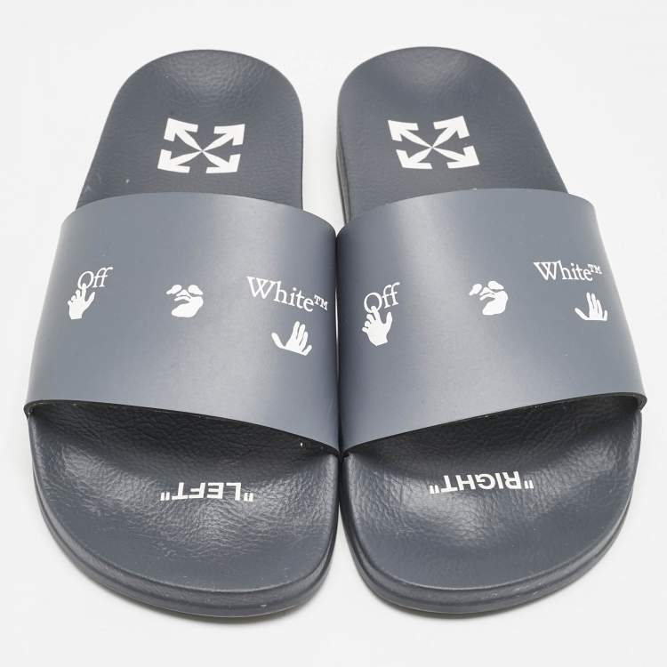 Pre Owned Off-White Blue Leather Logo Pool Slide Flats Size 40