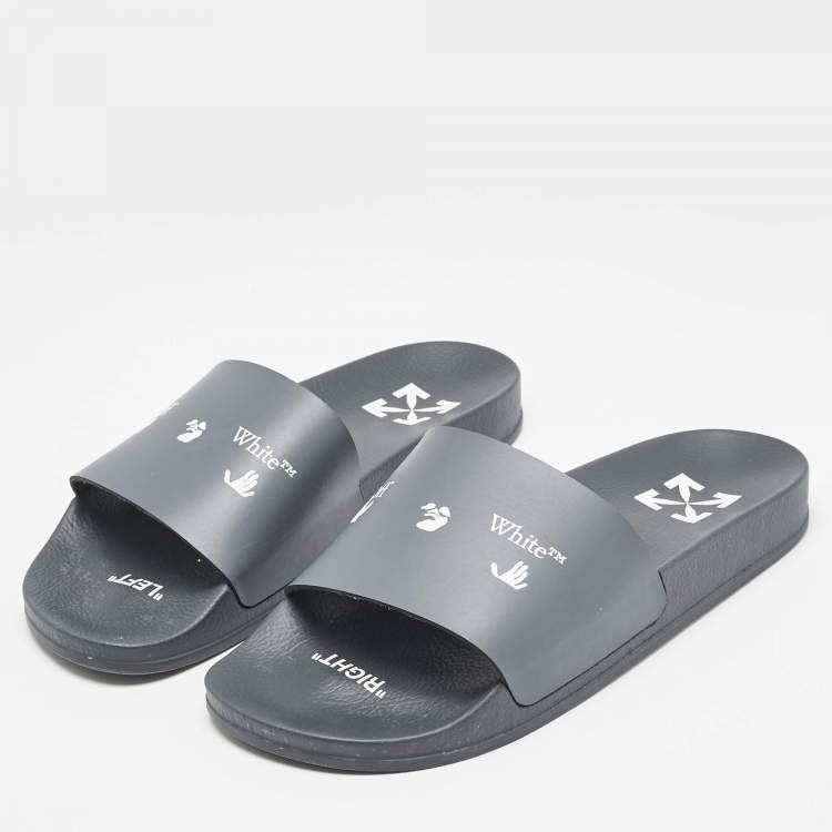 Pre Owned Off-White Blue Leather Logo Pool Slide Flats Size 40