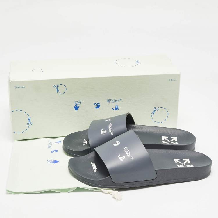 Pre Owned Off-White Blue Leather Logo Pool Slide Flats Size 40