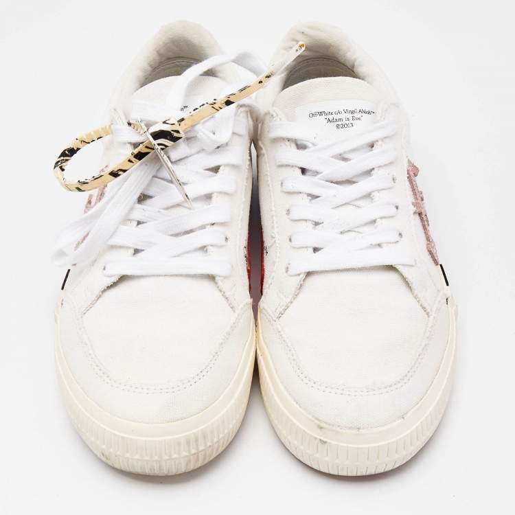 Pre Owned Off-White White/Pink Canvas and Suede Vulcanized Low Top Sneakers Size 37
