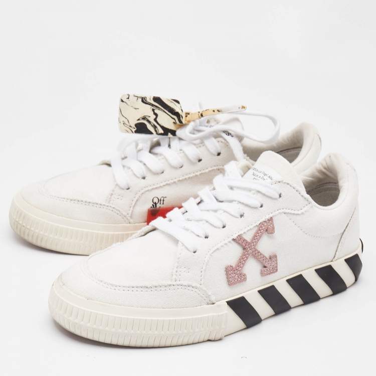Pre Owned Off-White White/Pink Canvas and Suede Vulcanized Low Top Sneakers Size 37