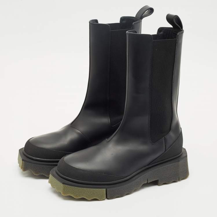 Pre Owned Off-White Black Leather and Elastic Rain Boots Size 38