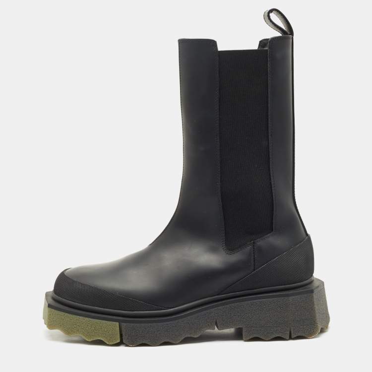 Pre Owned Off-White Black Leather and Elastic Rain Boots Size 38