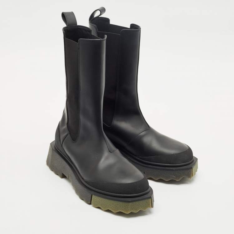 Pre Owned Off-White Black Leather and Elastic Rain Boots Size 38