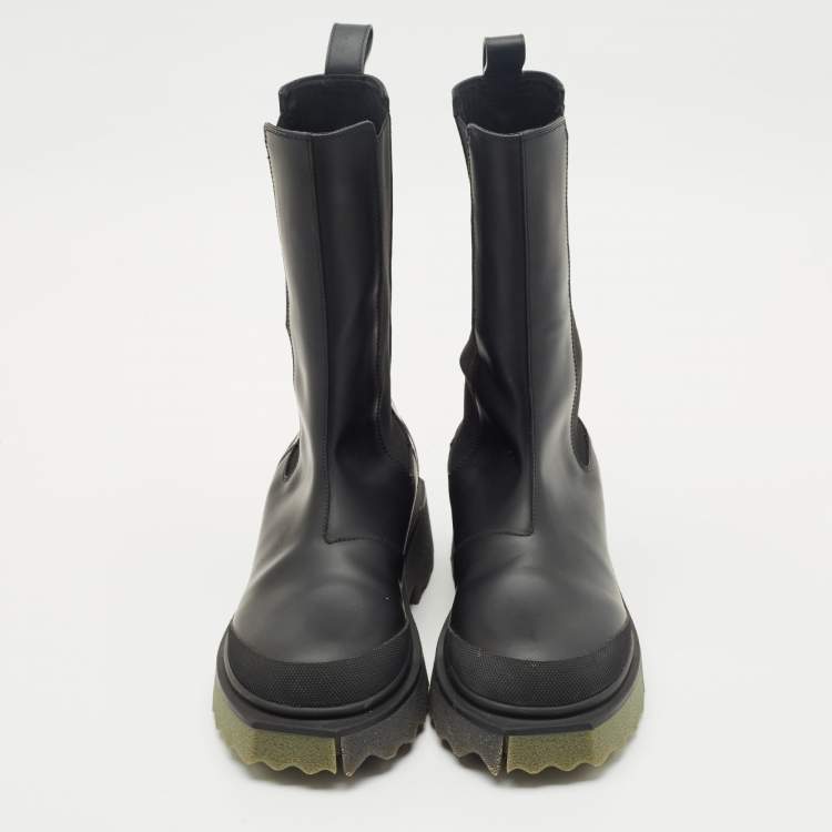 Pre Owned Off-White Black Leather and Elastic Rain Boots Size 38