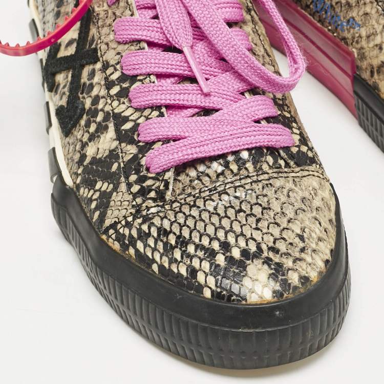 Pre Owned Off-White Beige/Black Python Embossed Leather Vulcanised Low Top Sneakers Size 39