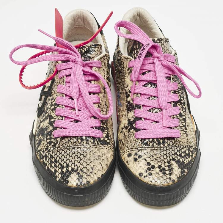 Pre Owned Off-White Beige/Black Python Embossed Leather Vulcanised Low Top Sneakers Size 39