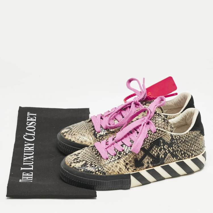 Pre Owned Off-White Beige/Black Python Embossed Leather Vulcanised Low Top Sneakers Size 39