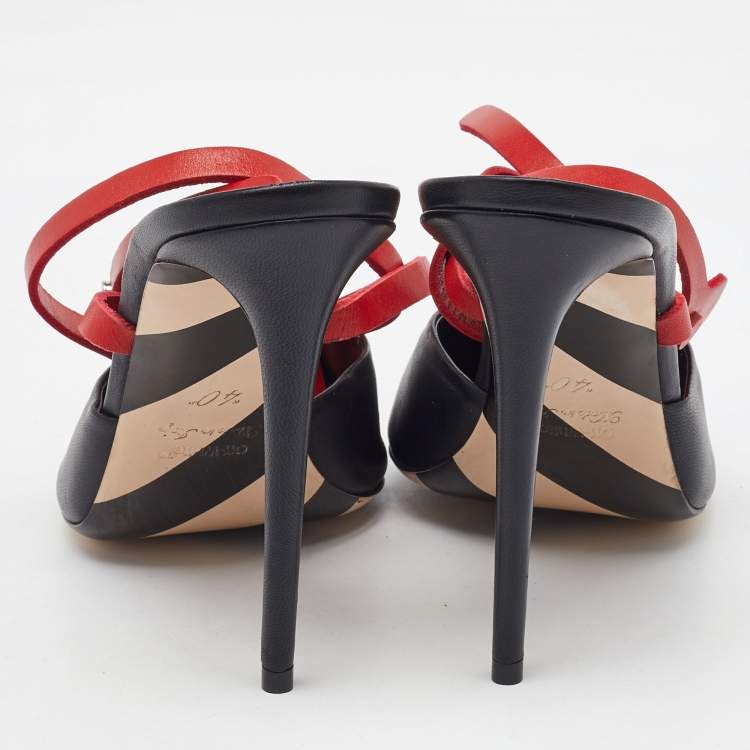 Pre Owned Off-White Black/Red Leather Pointed Toe Zip Tie Ankle Strap Mules Size 40