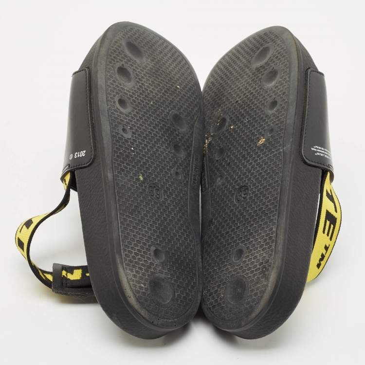 Pre Owned Off-White Black Rubber and Leather Industrial Belt Slingback Slide Sandals Size 39