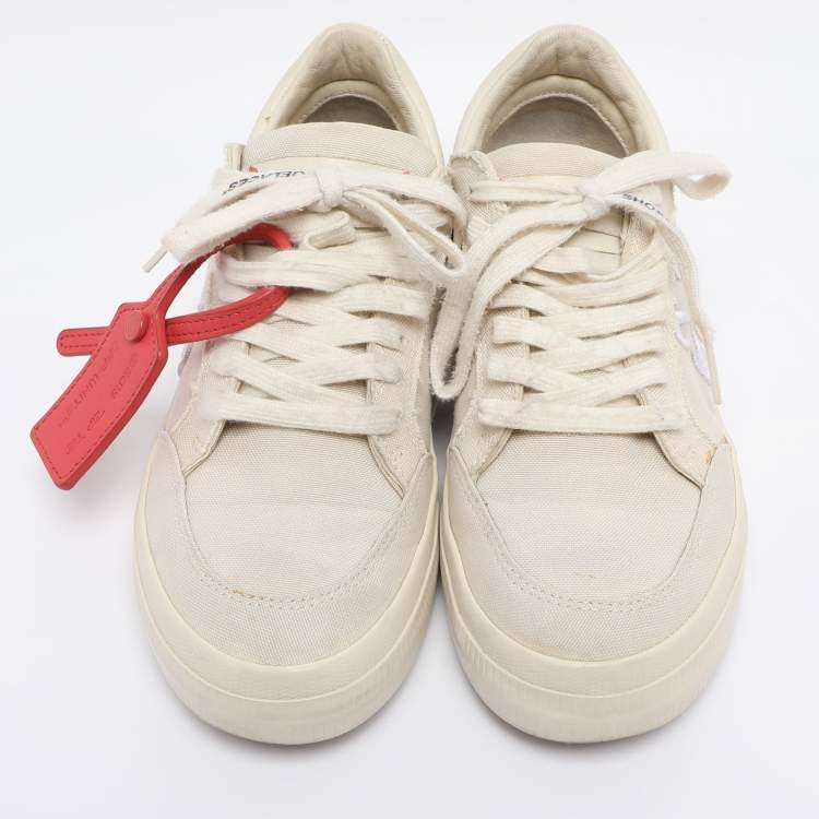 Pre Owned Off-White Beige Canvas and Leather Vulcanised Low Top Sneakers Size 38