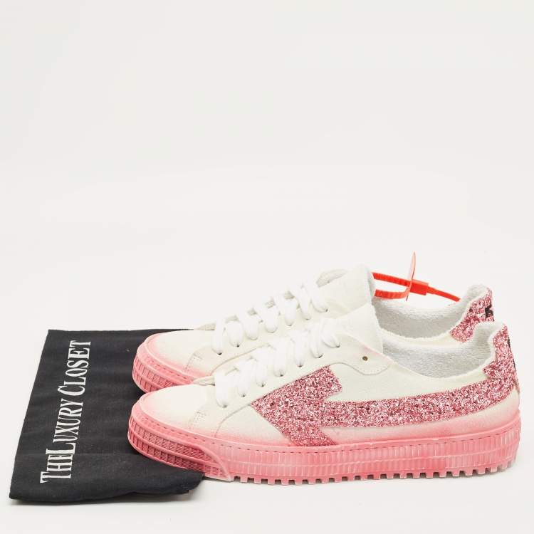 Pre Owned Off-White White/Pink Suede and Glitter Vulcanized  Sneakers Size 41