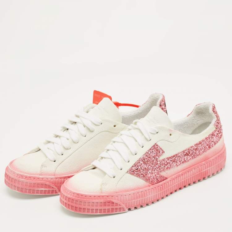Pre Owned Off-White White/Pink Suede and Glitter Vulcanized  Sneakers Size 41