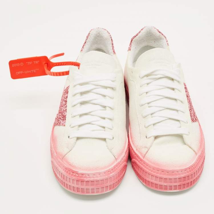 Pre Owned Off-White White/Pink Suede and Glitter Vulcanized  Sneakers Size 41