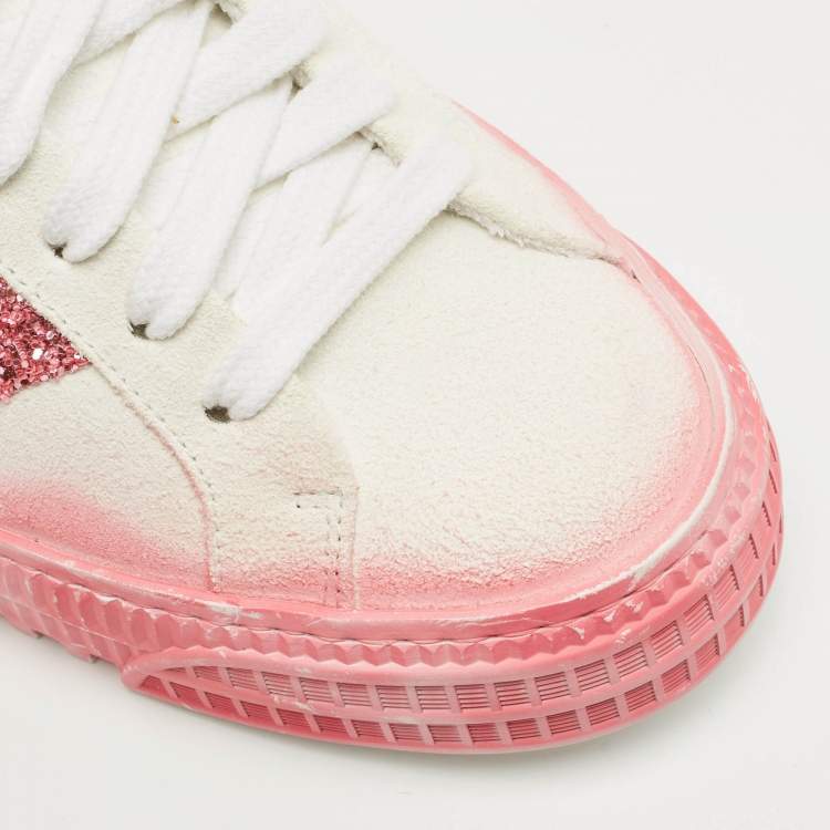 Pre Owned Off-White White/Pink Suede and Glitter Vulcanized  Sneakers Size 41