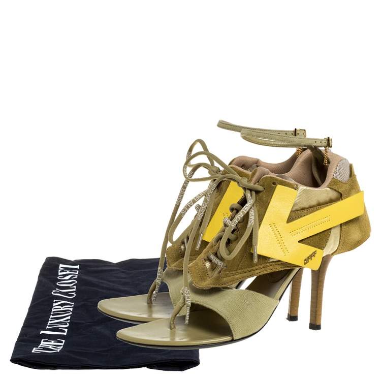 Pre Owned Off White Green Leather and Fabric Virgil Abloh Heeled Runner Suede Sandals Size 40