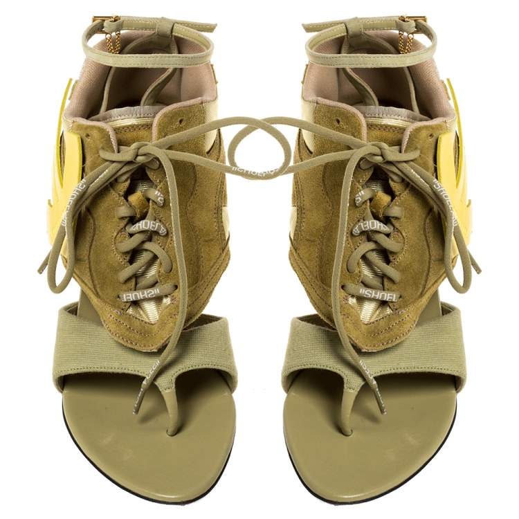 Pre Owned Off White Green Leather and Fabric Virgil Abloh Heeled Runner Suede Sandals Size 40