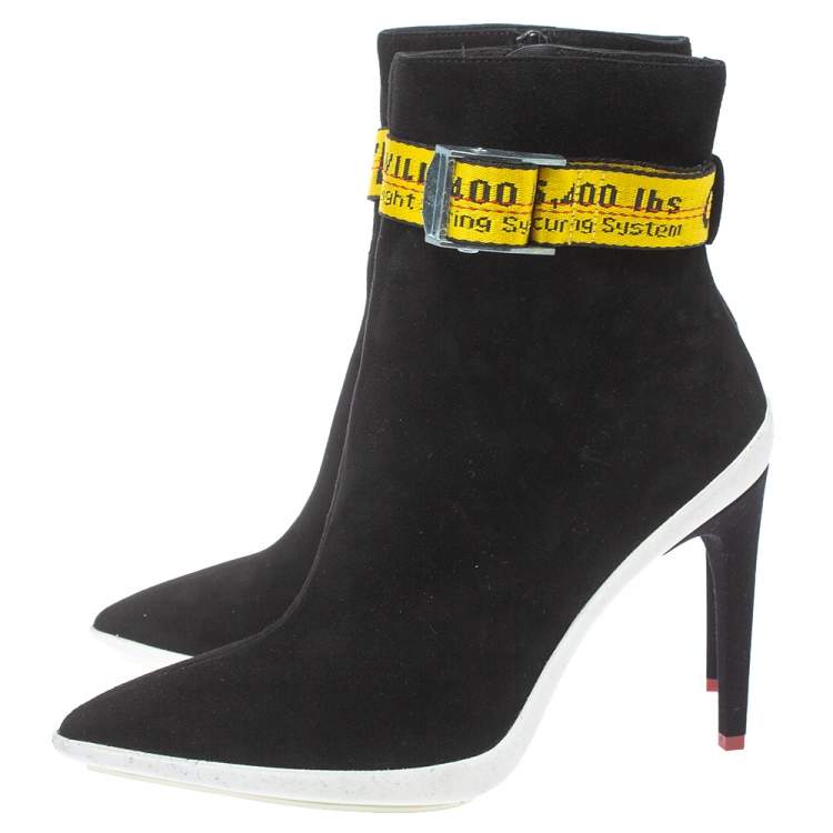 Pre Owned Off White Black Suede Pointed Toe Ankle Booties Size 38