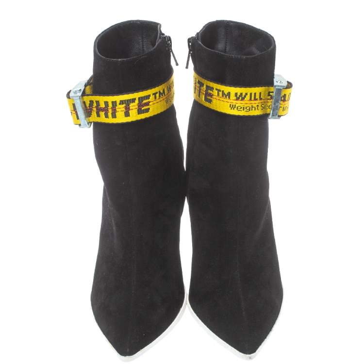 Pre Owned Off White Black Suede Pointed Toe Ankle Booties Size 38