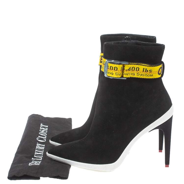 Pre Owned Off White Black Suede Pointed Toe Ankle Booties Size 38